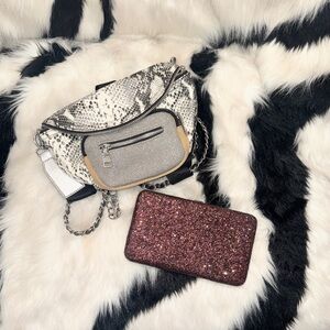 Stylish Snake Print Women's Bag With Glitter Clutch